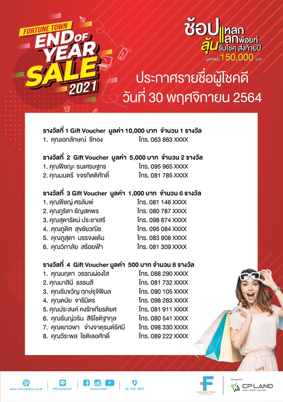 ประกาศรายชื่อผู้โชคดี งาน Fortune Town End of Year Sale 2021 ครั้งที่ 3